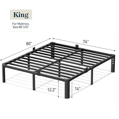 King Size Bed Frame,14 Inch 3500LBS Heavy Duty Metal Platform No-Squeaking | Headboard Compatible, No Box Spring Needed, Mattress Retainer, Round Corner Legs, Under-bed Storage, Easy Set-up,For Bedroom