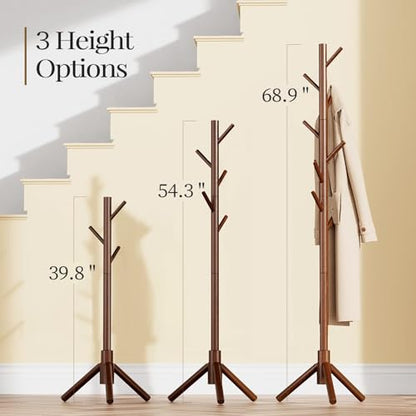 Pipishell Solid Wooden Coat Rack Freestanding, Hall Tree with 8 Hooks, 3 Height Options for Coats, Hats, Handbags, and Scarves, Tool-Free Assembly, Space Saving Design for Entryway, Office, Bedroom