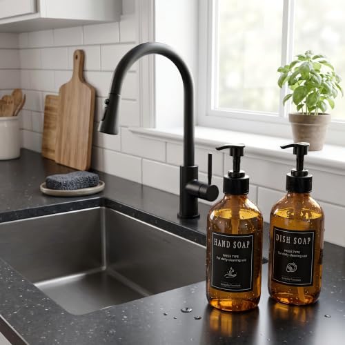12 Pack 16oz Amber Glass Bottles with Pump Dispensers | Refillable Soap Dispensers for Shampoo, Conditioner, Lotion & Body Wash, Bathroom & Kitchen, Includes 2 Funnels & 12 Labels