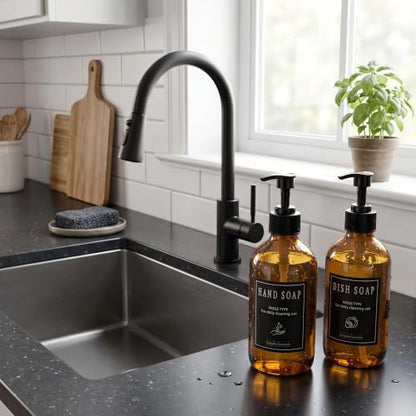 12 Pack 16oz Amber Glass Bottles with Pump Dispensers | Refillable Soap Dispensers for Shampoo, Conditioner, Lotion & Body Wash, Bathroom & Kitchen, Includes 2 Funnels & 12 Labels
