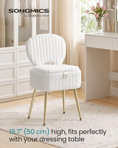 SONGMICS Small Vanity Chair with Storage and Folding Back, Vanity Stool, Footrest Footstool Ottoman, Dressing Table Stool, Furry Padded Seat, for Makeup Room, Bedroom, Cream White ULOM532WD01