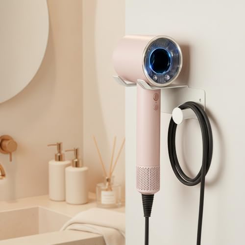Hair Dryer Holder, Dyson Hair Dryer Holder, Blow Dryer Holder with Cord Hook SUS304 Stainless Steel Wall Mount, Self Adhesive/Screw Space Saving Hairdryer Holder for Bathroom White