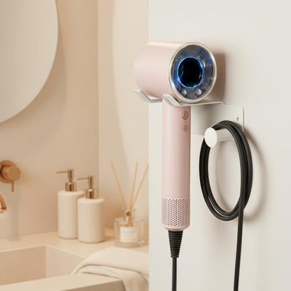 Hair Dryer Holder, Dyson Hair Dryer Holder, Blow Dryer Holder with Cord Hook SUS304 Stainless Steel Wall Mount, Self Adhesive/Screw Space Saving Hairdryer Holder for Bathroom White