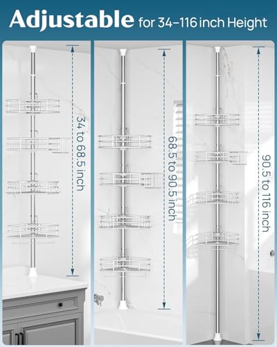 Corner Shower Caddy Tension Pole, Quick Setup, Rust-Free Bathroom Shower Organizer Corner for Bathtub Shampoo Storage, 4-Tier Adjustable Shelf, Drill Free, Fits 34 to 116 Inch Height, Silver