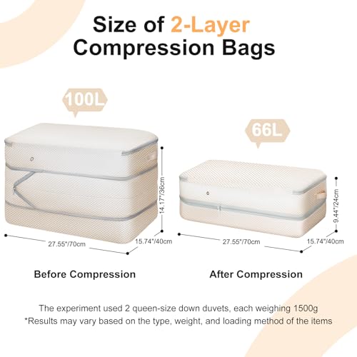 Comforter Storage Bag - Large Capacity Bedding Storage Bags Ultra Space Saving Self Compression Organizer, Washable Compression Bags for Storage Comforter Blanket Duvet Pillow, 2-Pack, Beige