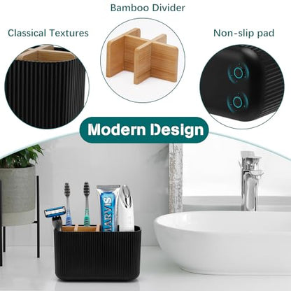GFWARE Black Toothbrush Holder, 5 Slots Bathroom Organizers and Storage | Bamboo Toothbrush Holder, Kids Electric Toothbrush Holder and Toothpaste Storage for Bathroom Sink Organizer