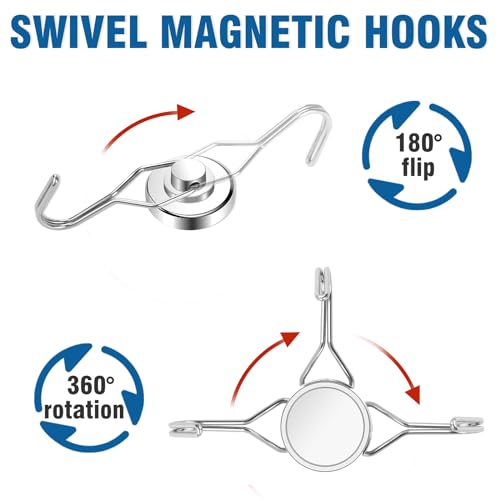 Magnetic Hooks 80LBS Swivel Swing Magnet Hooks Heavy Duty 10 Pack | Strong Neodymium Magnetic Hook for Cruise Cabins Refrigerator Hanging Garage Workshop Office and Kitchen Silver