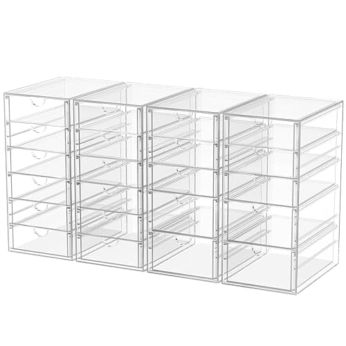 4-Pack 22-Drawer Acrylic Storage & Makeup Organizer for Desk | Smooth-glide drawers, clear acrylic, stackable, dustproof, wipe clean, for office supplies, pens, paper clips, thumb drives