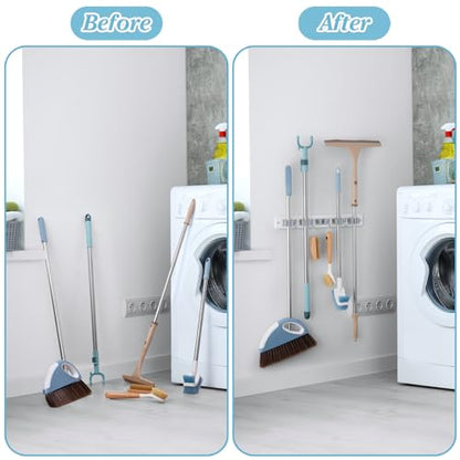 White Broom Holder Wall Mount - Heavy Duty Wood Mop and Broom Organizer with 5 Slots & 4 Hooks - Garden Tool Hanger for Laundry Room Closet Kitchen Garage Storage and Organization - Modern Home Decor