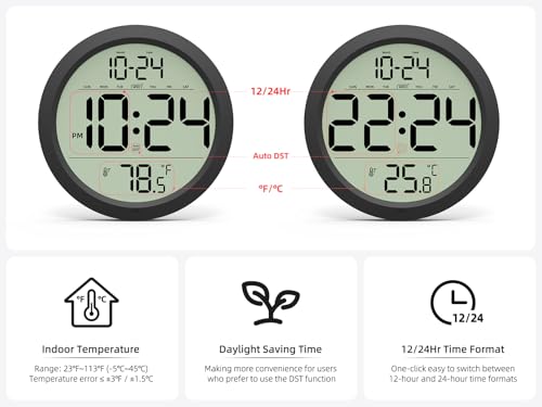 Digital Wall Clock Battery-Operated, 8 Inch Small Decorative Modern Wall Clock with Date, Temperature, Auto-DST, Silent Electric Wall Clock for Bedroom, Living Room, Kitchen, Office, Farmhouse -Black