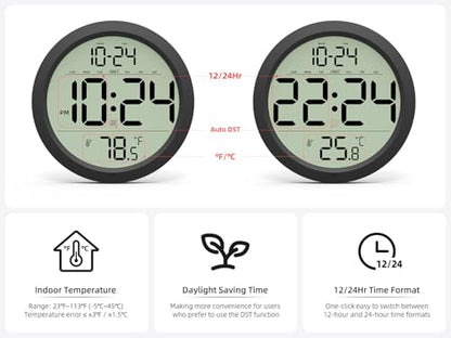 Digital Wall Clock Battery-Operated, 8 Inch Small Decorative Modern Wall Clock with Date, Temperature, Auto-DST, Silent Electric Wall Clock for Bedroom, Living Room, Kitchen, Office, Farmhouse -Black