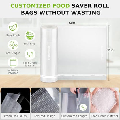 Bonsenkitchen Vacuum Sealer Bags, 2 Rolls 11" x 50', for Food Storage Saver | Commercial Grade Textured Food Roll Bags, BPA-Free & Food Grade, Customized Size Bag for Sous Vide Cooking, VB3210