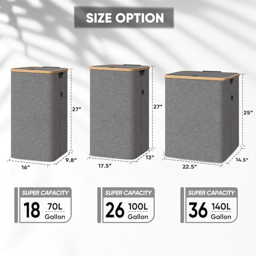 BALEINE Laundry Hamper with Lid, Tall Laundry Baskets with Bamboo Pull Handles, Large Laundry Bin with Internal Support (26 Gal/100L, Beige)