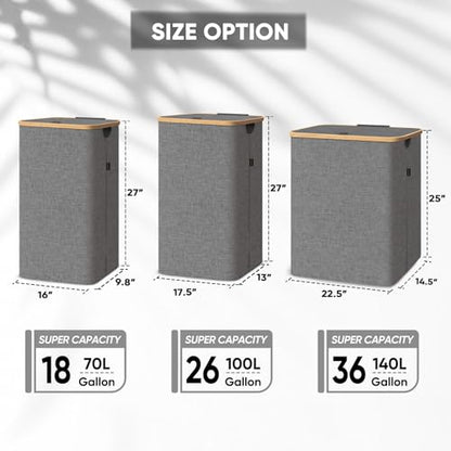 BALEINE Laundry Hamper with Lid, Tall Laundry Baskets with Bamboo Pull Handles, Large Laundry Bin with Internal Support (26 Gal/100L, Beige)