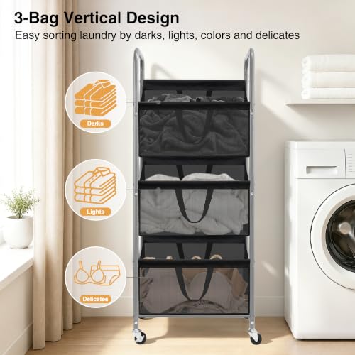 3-Tier Vertical Rolling Laundry Hamper, Removable Bags, Black Mesh | 120L Capacity, Space-Saving Vertical Design, Rust-Resistant Steel Frame, Lockable Wheels, Ideal for Apartments & Small Spaces