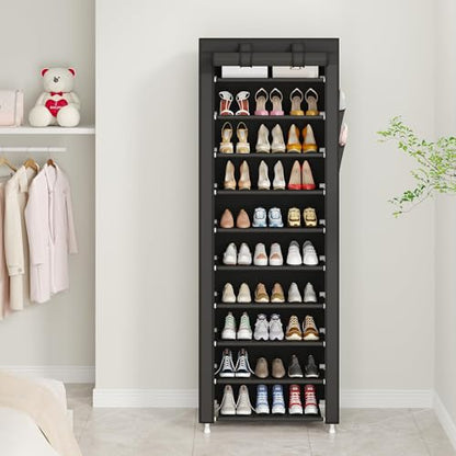 UDEAR 10-Tier Shoe Rack Organizer for Entryway with Dustproof Cover,Black | Free Standing,Shoe Shelf for Closet,Garage,Dorm,Large Capacity,Front Door Entrance, Vertical Tall Narrow Shoe Rack