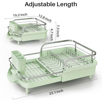 SNTD Expandable Dish Drying Rack for Kitchen Counter, 15.2-22.1 in, Green | Rust-Resistant Stainless Steel, Protective Side Rails, Self-Draining Drainboard, Removable Utensil Holder