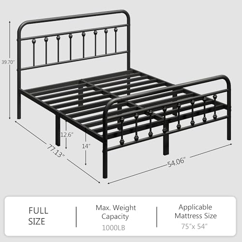 zunatu Full Size Metal Bed Frame with Victorian Style Headboard and Footboard, Steel Slat Support Platform Bed, No Box Spring Needed, Under Bed Storage, Easy Assembly, Black