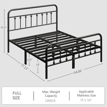 zunatu Full Size Metal Bed Frame with Victorian Style Headboard and Footboard, Steel Slat Support Platform Bed, No Box Spring Needed, Under Bed Storage, Easy Assembly, Black