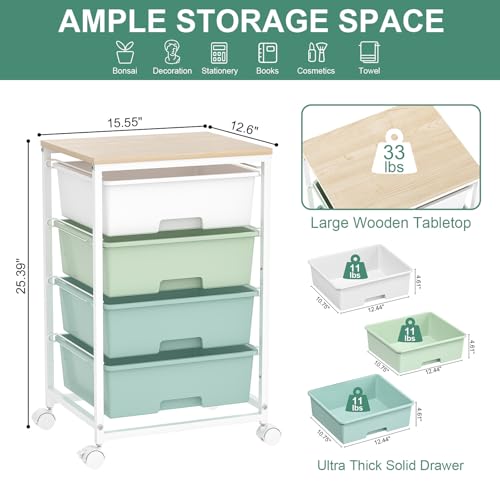 Rolling Cart with Drawers, 4-Drawer Utility Cart, Green | Rolling Storage Cart with Drawers, Storage Rolling Drawer Cart with Wooden Tabletop for Bedroom, Dorm, Classroom, Office