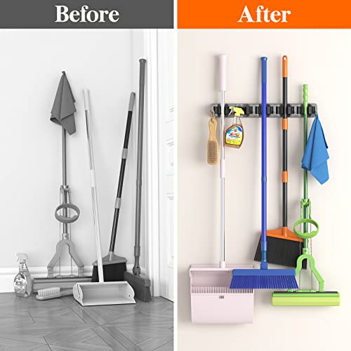 Lifewit Mop and Broom Holder Organzier Wall Hanging Mount, Gray, 1 Pack | Anti-Slip Broom Storage for Cleaning Organizer, Easy Install Tool Hanging Rack with 5 slots & 6 hooks for Kitchen, Garage