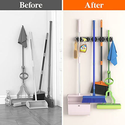 Lifewit Mop and Broom Holder Organzier Wall Hanging Mount, Gray, 1 Pack | Anti-Slip Broom Storage for Cleaning Organizer, Easy Install Tool Hanging Rack with 5 slots & 6 hooks for Kitchen, Garage