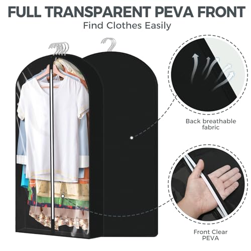 4 pack 60" Clear Garment Bags for Hanging Clothes, Suit Bags for Closet Storage, Clothing Storage, Garment Bags for Travel Covers with 4" Gussets for Coats, Jackets, Shirts, Dresses & Sweater, Black