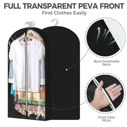 4 pack 60" Clear Garment Bags for Hanging Clothes, Suit Bags for Closet Storage, Clothing Storage, Garment Bags for Travel Covers with 4" Gussets for Coats, Jackets, Shirts, Dresses & Sweater, Black