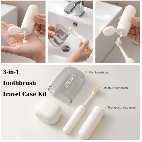 3-in-1 Toothbrush Travel Case Kit - Foldable with Mouthwash Cup, Toothpaste Dispenser, Portable Tooth Brush Holder for Camping, Business Trips, and Daily Use (Cream)