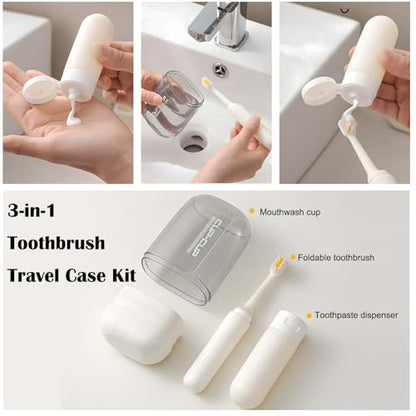 3-in-1 Toothbrush Travel Case Kit - Foldable with Mouthwash Cup, Toothpaste Dispenser, Portable Tooth Brush Holder for Camping, Business Trips, and Daily Use (Cream)