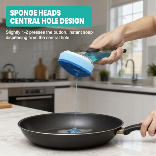 Dish Wand with Handle,Non-Scratch Dishwand Refills Replacement Sponge Heads | Leak-Proof Soap Control Dispenser Scrub Sponges, Advanced Scrubber Brush Pads for Kitchen Cleaning Dishes Sink Washing Tool