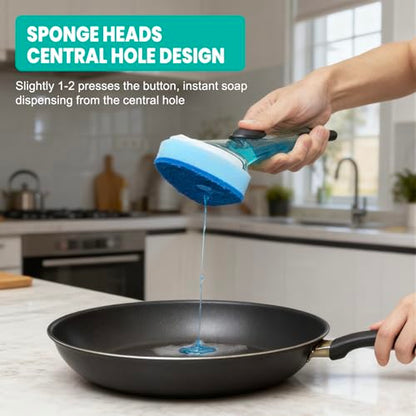 Dish Wand with Handle,Non-Scratch Dishwand Refills Replacement Sponge Heads | Leak-Proof Soap Control Dispenser Scrub Sponges, Advanced Scrubber Brush Pads for Kitchen Cleaning Dishes Sink Washing Tool