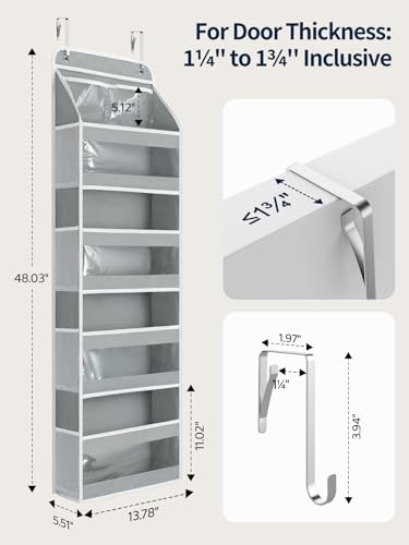 Yecaye 5 Tier Over the Door Organizer, Swing-proof Door Organizer Hanging with Clear PVC Windows, Behind the Door Storage for Bedroom Nursery Closet Laundry Pantry Bathroom, Grey