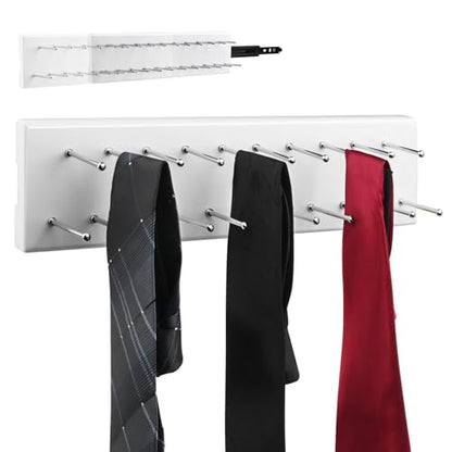 Pull Out Tie Rack for Closet, Wood Sliding Belt Rack with 21 Tie Hanger | Side Mounted Slide Out Tie Rack Belt Hanger Rail Organizer Storage Scarf Holder for Ties Scarves Belts Shawls, White