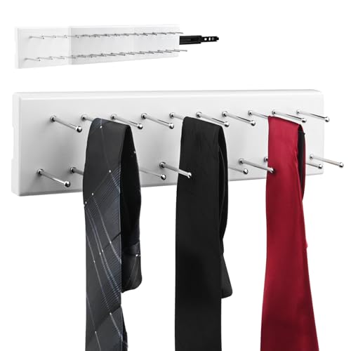 Pull Out Tie Rack for Closet, Wood Sliding Belt Rack with 21 Tie Hanger | Side Mounted Slide Out Tie Rack Belt Hanger Rail Organizer Storage Scarf Holder for Ties Scarves Belts Shawls, White