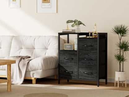 Black Dresser for Bedroom, 5 Drawer Small Fabric Closet Dresser | Small Chest of Drawers, Storage Cabinet Organizer with 2 Tier Shelf, Drawer Units with Metal Frame, Dresser for Dorm, Hallway