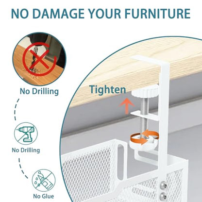 Under Desk Cable Management Tray, No Drill Mesh Cable Tray Cord Organizer | Wire Management Tray Cable Management Rack, Cable Management Box (White)
