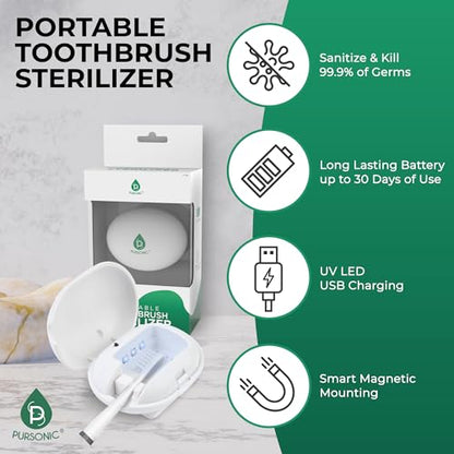 Pursonic Portable UV Toothbrush Sanitizer Case – Rechargeable Toothbrush Cleaner with UV Light & Magnetic Mounting – Compact, Hygienic & Long-Lasting (30-Day Battery) for Home & Travel (White)