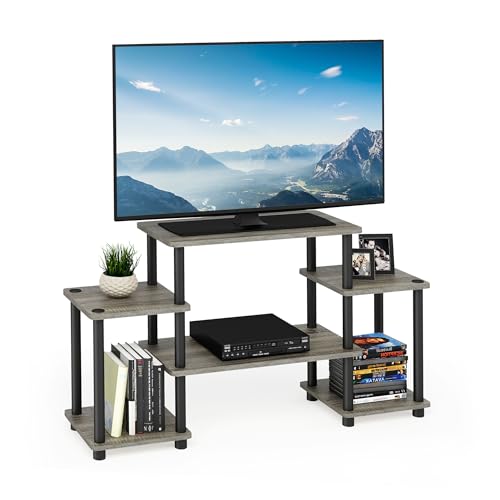 Furinno Turn-N-Tube No Tools Entertainment Center, Round Square Corner, French Oak Grey/Black | Raised Top, Open Shelves TV Console with for TV up to 32 Inch, for Living Room, Bedroom