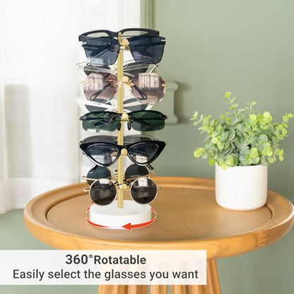 Mkono 360° Rotating Sunglass Organizer, Metal Glasses Holder Display Stand | Space-Saving, Holds 10 Eyewear Pairs, Stable Wood Base, Easy to Assemble, Dresser Desk Table Countertop Bedroom Gift Ideal