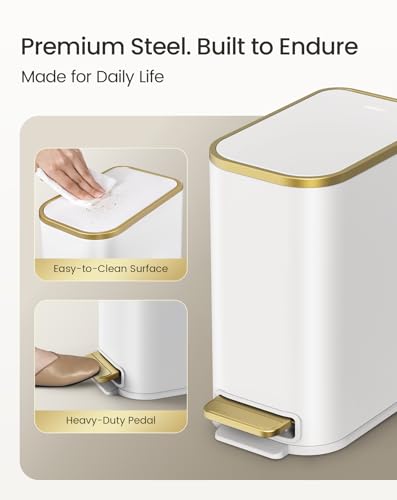 Cesun Small Bathroom Trash Can with Gold Grimmed Lid & Pedal, 1.3Gal, White | Soft Close Lid, Removable Inner Bucket, Slim Stainless Steel Waste Basket for Home Office, Included 5 Trash Bags, Hidden Bags