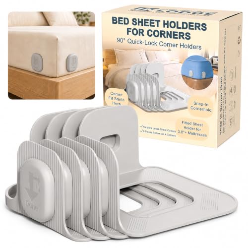 Bed Sheet Holders for Corners, 90° Quick-Lock Fitted Sheet Holder, 4-Pack | Fits 3.8-16 in. mattresses; Adjustable-base friendly; Clear corner access; One-person install; ABS, no metal teeth