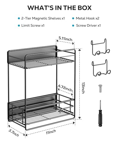 Nieifi Magnetic Shelves for Washing Machine, Magnetic Laundry Organizer | Heavy duty, 2 tier, pull out drawer, 2 hooks, dryer organizer, laundry room storage, magnetic spice rack, black