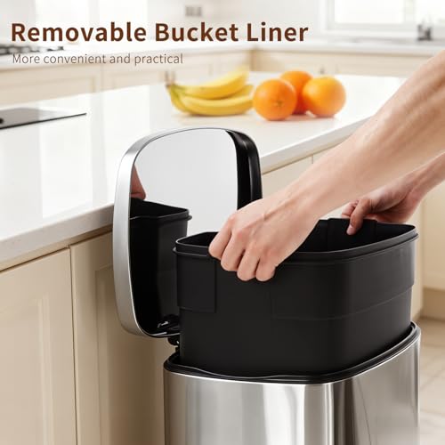 PayLessHere | 13G Trash Can with Lid | Steel | Removable Inner Bucket | Made of Stainless Steel | Soft-Close Step Pedal | Hands-Free Use | Easy to Clean | for Kitchen, Office, Bathroom