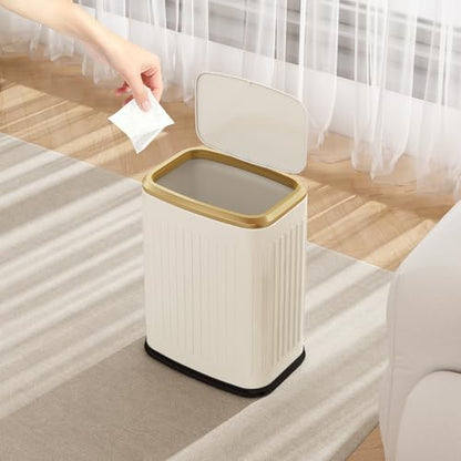 TIPGO Bathroom Trash Can with Lid, 2.1 Gallon / 8 Liter Small Garbage Can, Press Top Bin, Stainless Steel Wastebasket with Pop-Up Lid for Bedroom, Living Room, Office (Cream)