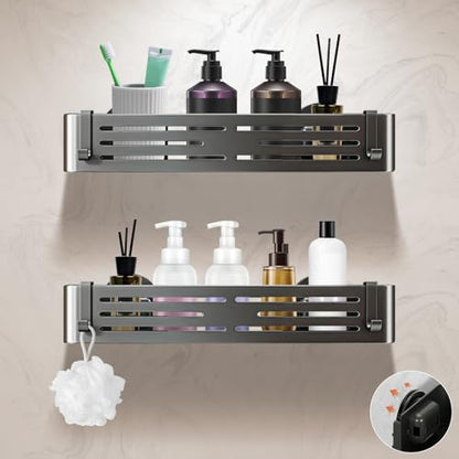 Lekesky Suction Cup Shower Caddy, No Drill Shower Shelf, Aluminum Rust Proof Bathroom Shower Organizer with 12 Hooks (2-Pack, Gunmetal Gray)