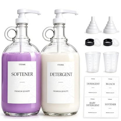 2 Pack Glass Laundry Detergent Dispensers, 64 oz Half Gallon Bottles | Includes Pumps, Waterproof Labels, Funnels and Measuring Cups. Ideal for Organizing Laundry Detergent and Fabric Softener.