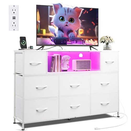 WLIVE LED Dresser TV Stand for 55 Inch TV, 8 Drawers, White | Fits TVs up to 55 inch, 8 fabric drawers, LED chest of drawers, Built-in power outlet, Living room or bedroom