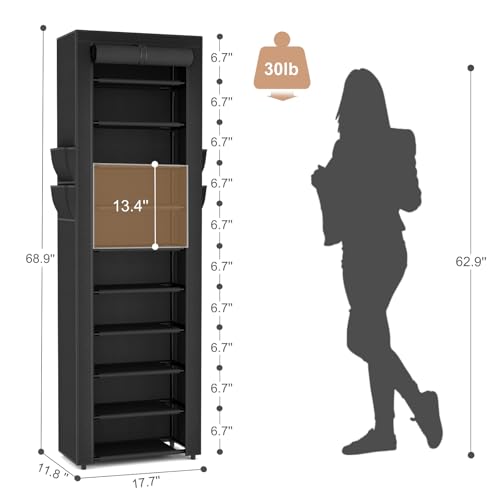 VTRIN Vertical Narrow Shoe Rack Organizer 10 Tier Tall Shoe Shelf Holds 20-22 Pairs with Non-Woven Dustproof Cover for Closet, Entryway Black