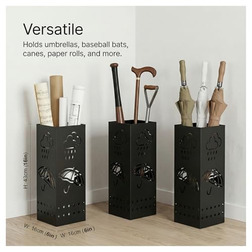 BEWBBAT Umbrella Stand Rack for Entryway, Black Square Metal Umbrella Holder, Free Standing Umbrella Storage Organizer Bin with for Home Office Hotel Decor, 6 x 6 x 17 Inch, Hold 6 Umbrellas